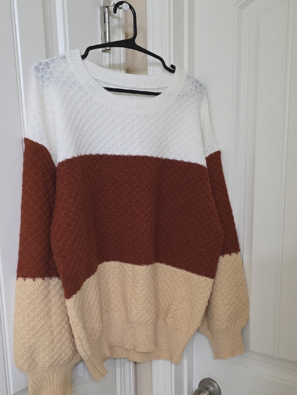 Cozy Colorblock Crewneck Sweater - White, Brown, Cream